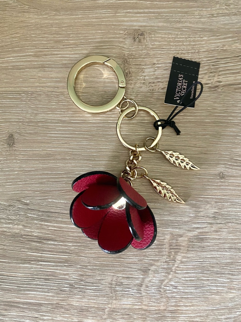 Victoria's Secret Red Floral Keychain with Gold Accents